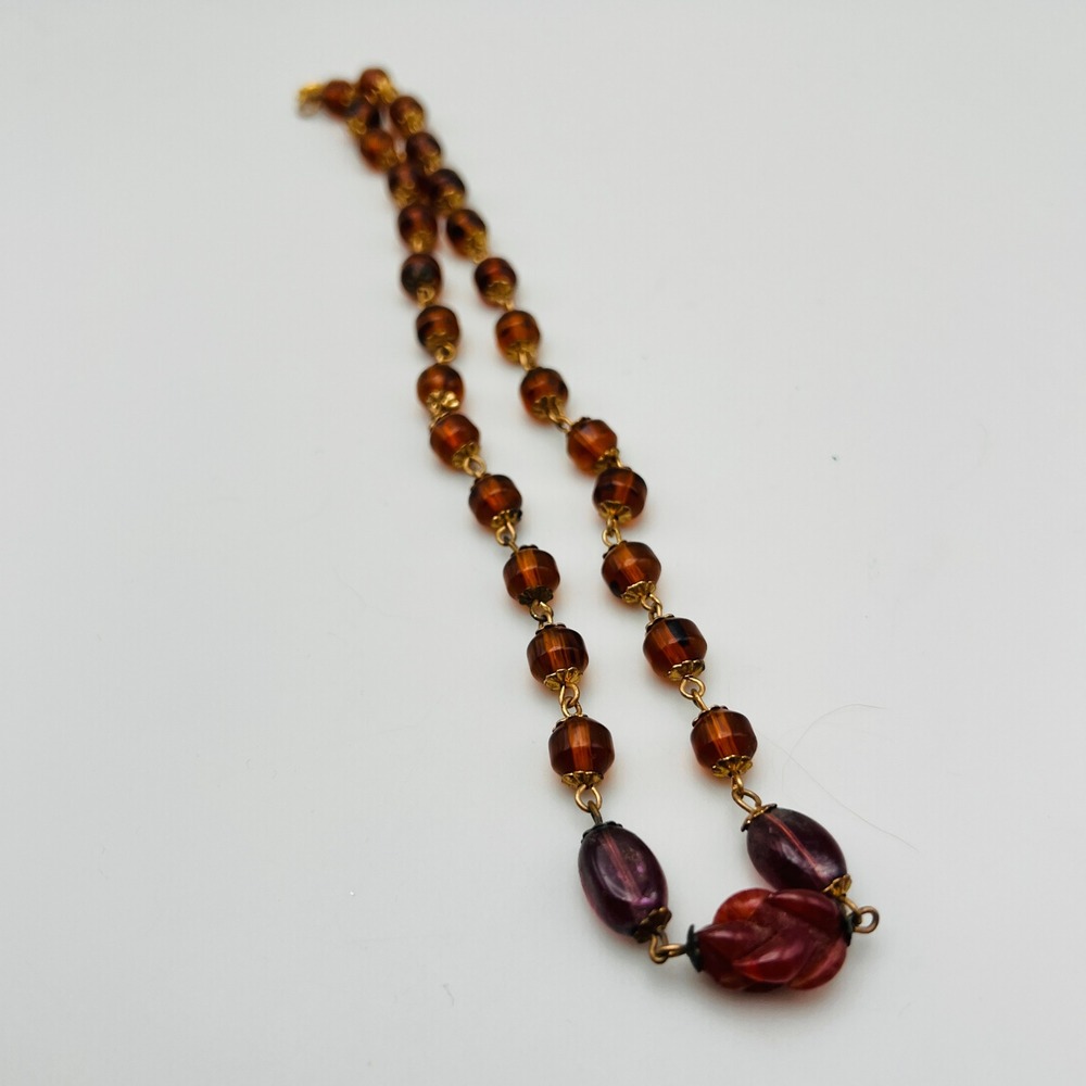 Vintage Faux Amber Purple Beaded Necklace Gold Tone Carved Stone Focal 17 Inch